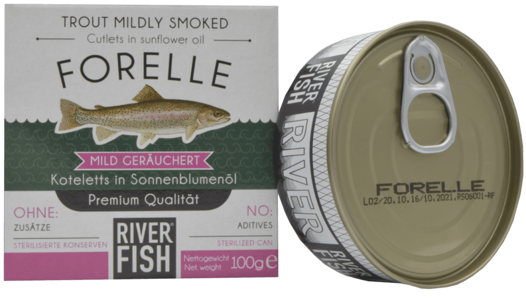 Last Catch 2016 Forelle vintage smoked trout in sunflower oil River Fish premium can and box