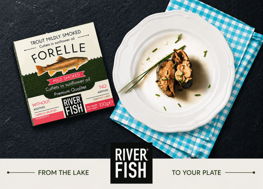 Last Catch 2016 smoked trout served on plate with River Fish Forelle packaging