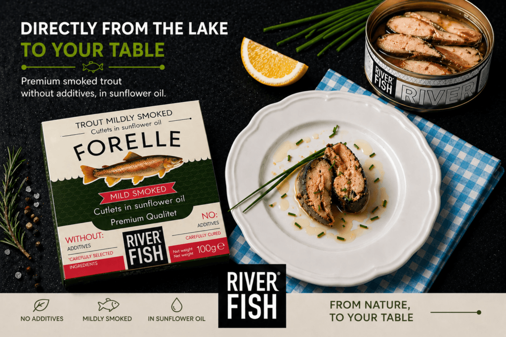 Premium smoked trout in sunflower oil without additives, River Fish can and plated trout fillets