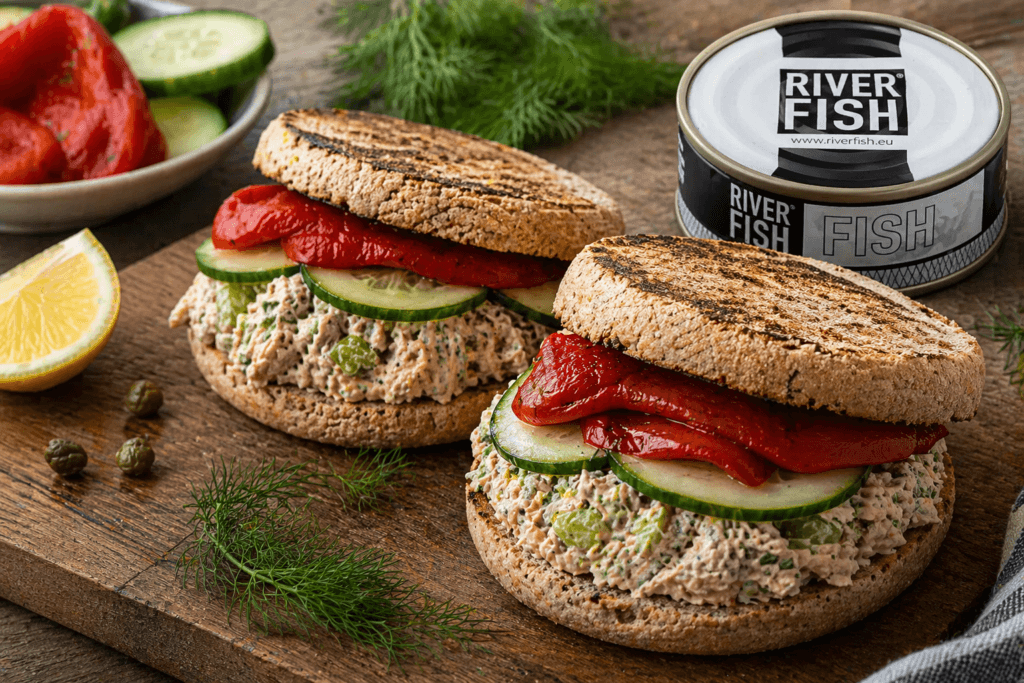 smoked trout sandwich River Fish canned trout salad whole grain bread cucumber roasted pepper