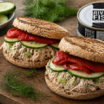 smoked trout sandwich River Fish canned trout salad whole grain bread cucumber roasted pepper