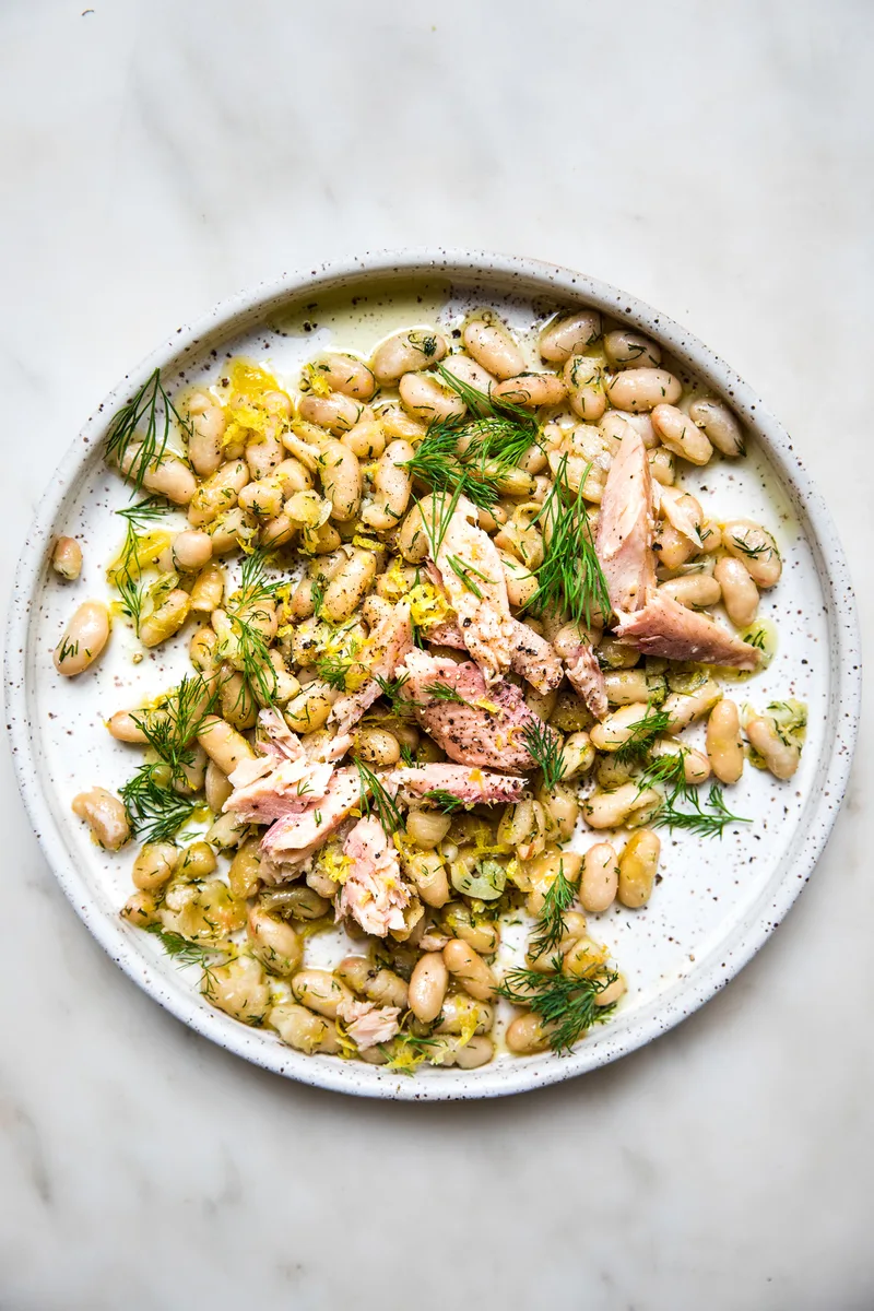 Garlicky white beans with Last Catch 2016 smoked trout, dill and lemon