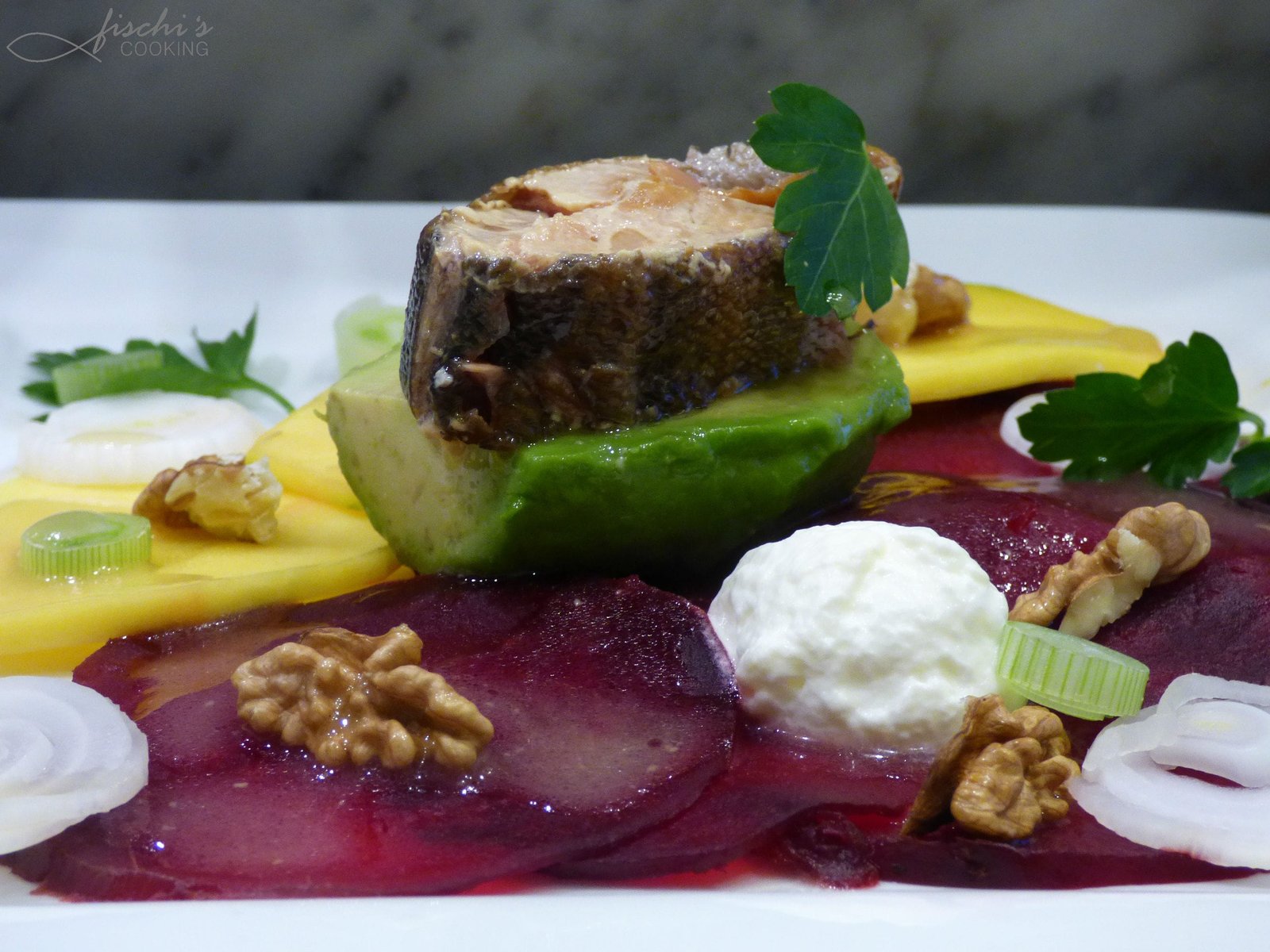 Last Catch 2016 recipes – smoked trout with lemon and chives Last Catch 2016 smoked trout carpaccio with beetroot, mango, avocado and walnuts