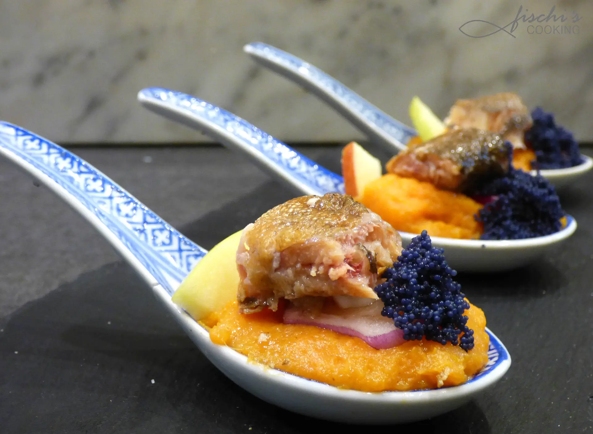 Last Catch 2016 smoked trout cutlets on appetizer spoon with sweet potato puree and black caviar