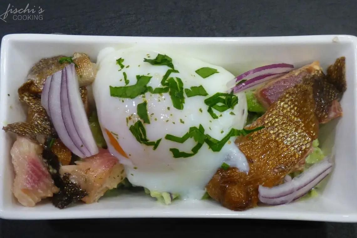 One-hour egg with Last Catch 2016 smoked trout on avocado cream