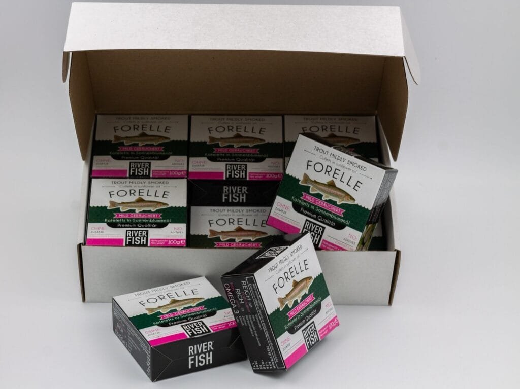 Last Catch 2016 Trout Gift Box with 12 vintage smoked trout cans in premium River Fish collector packaging