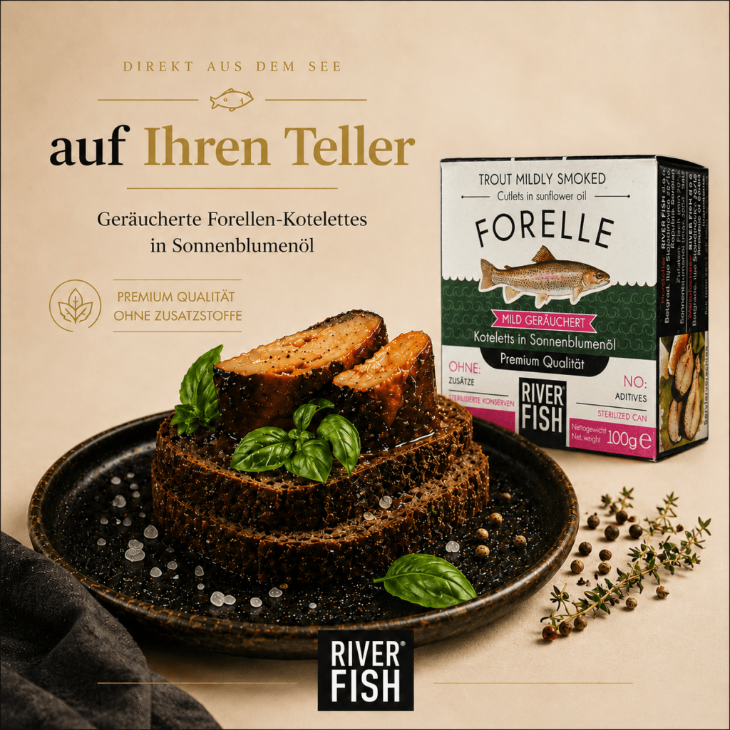 Premium geräucherte Forelle von River Fish auf dunklem Brot mit Produktverpackung