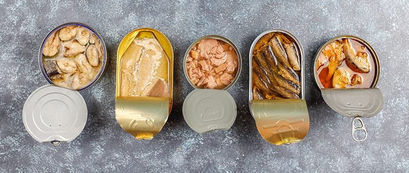 Assorted Japanese canned fish varieties tuna mackerel shellfish