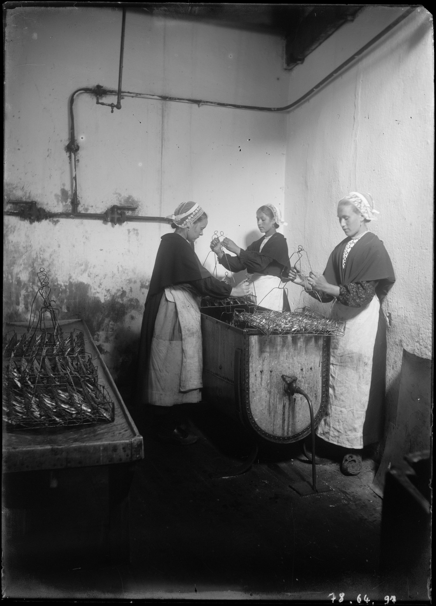 Breton sardinieres preparing sardines by hand in a historic cannery