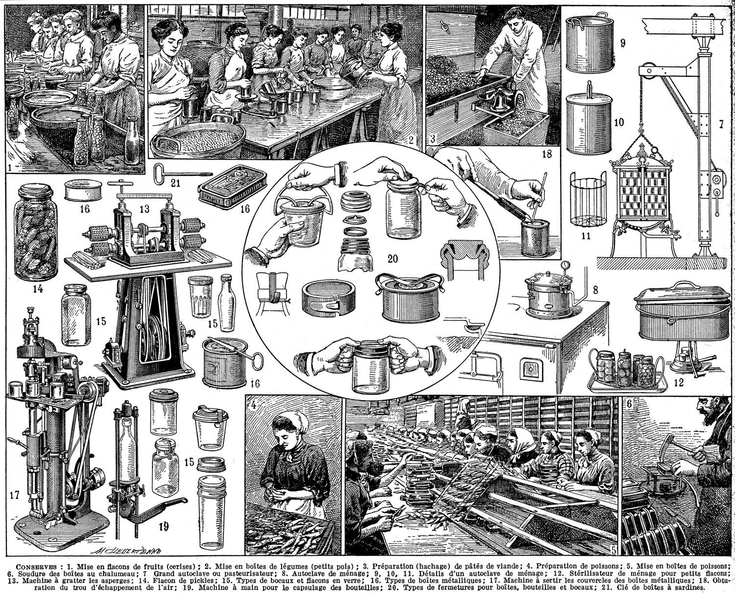 Vintage illustration of canned and preserved foods in jars and tins