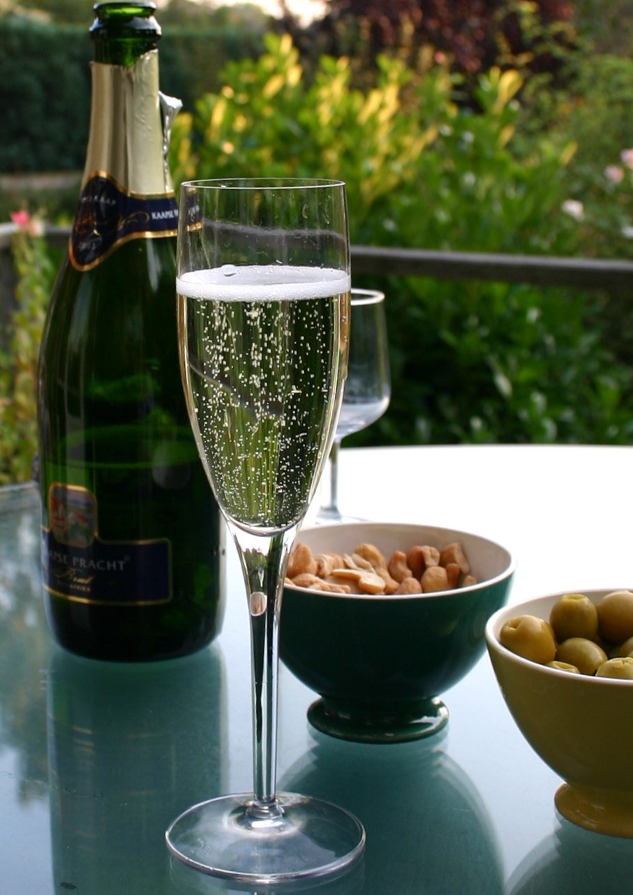 Glass of sparkling wine with vibrant perlage and refreshing acidity
